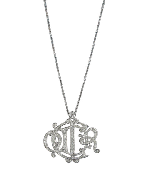 Christian Dior Vintage Silver Rhinestone Monogram Pendant Necklace