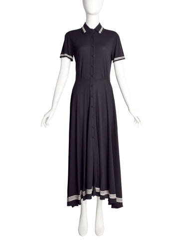 DKNY Vintage 1990s Black Button Up Collared Full Skirt Dress