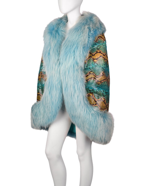 Donald Brooks Vintage Rainbow Python Snakeskin and Baby Blue Fox Fur Cape