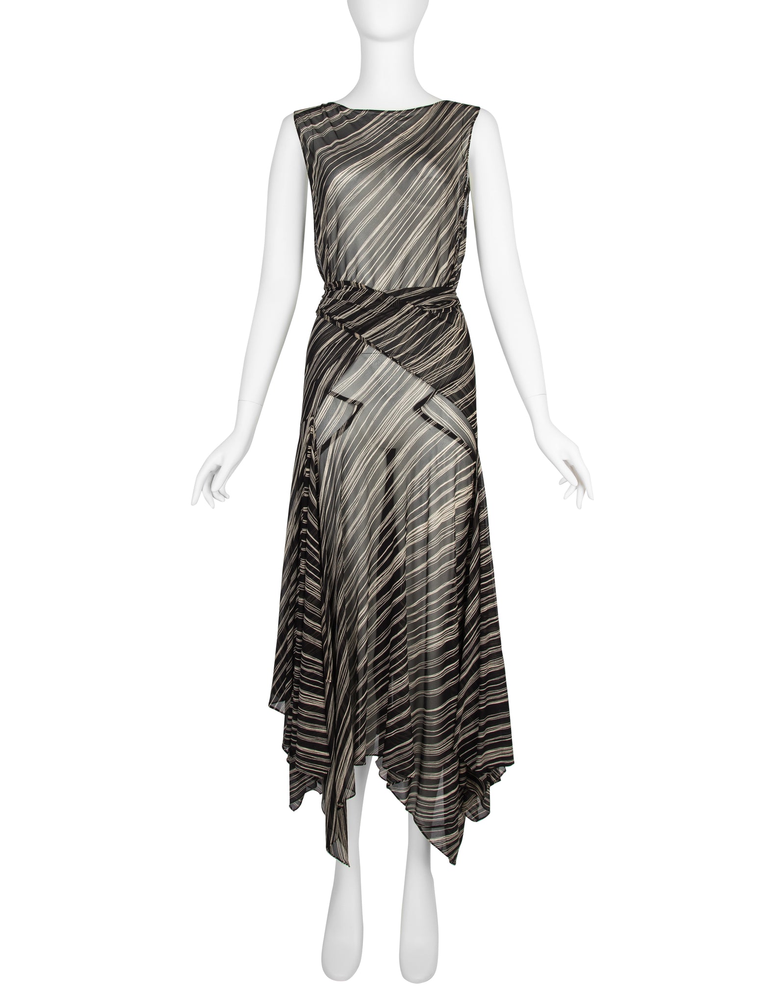 Donna Karan Vintage SS 2001 Black and Ivory Striped Sheer Silk Wrap Dress