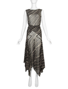 Donna Karan Vintage SS 2001 Black and Ivory Striped Sheer Silk Wrap Dress