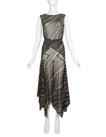 Donna Karan Vintage SS 2001 Black and Ivory Striped Sheer Silk Wrap Dress