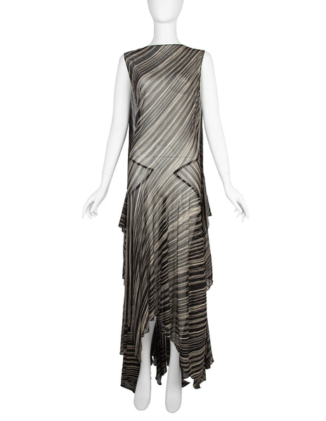Donna Karan Vintage SS 2001 Black and Ivory Striped Sheer Silk Wrap Dress
