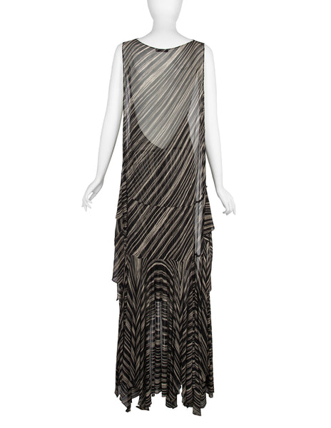 Donna Karan Vintage SS 2001 Black and Ivory Striped Sheer Silk Wrap Dress