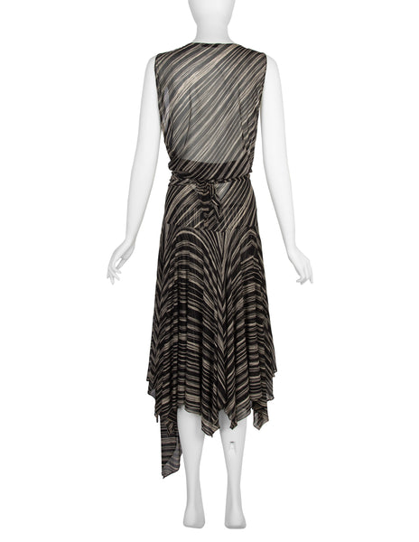 Donna Karan Vintage SS 2001 Black and Ivory Striped Sheer Silk Wrap Dress