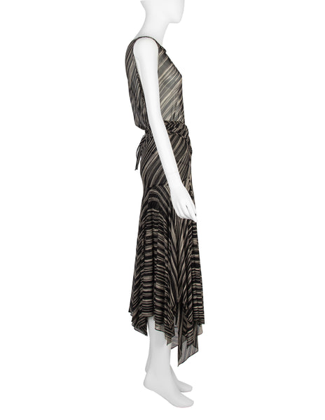 Donna Karan Vintage SS 2001 Black and Ivory Striped Sheer Silk Wrap Dress