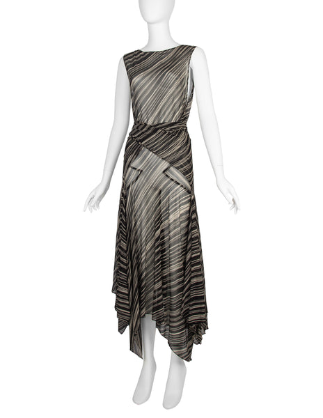Donna Karan Vintage SS 2001 Black and Ivory Striped Sheer Silk Wrap Dress