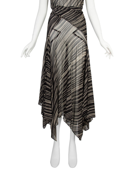 Donna Karan Vintage SS 2001 Black and Ivory Striped Sheer Silk Wrap Dress