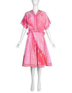 Emilio Pucci Vintage 1960s Pink Psychedelic Archer Novelty Print Cotton Top Skirt Ensemble