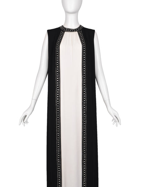 Esther Wolf Vintage 1960s Rhinestone Adorned Black Cream Layered Column Gown