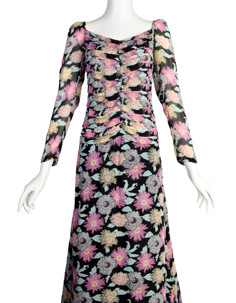Fendi Vintage 1990s Black Pink Floral Silk Gown with Train