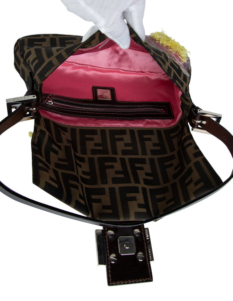 Fendi Vintage Iconic Zucca Monogram Floral Applique Baguette Bag