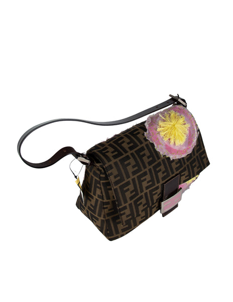 Fendi Vintage Iconic Zucca Monogram Floral Applique Large Mamma Baguette Bag