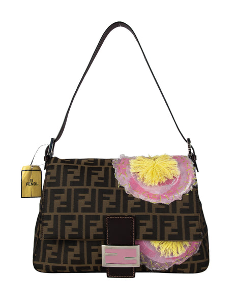 Fendi Vintage Iconic Zucca Monogram Floral Applique Large Mamma Baguette Bag