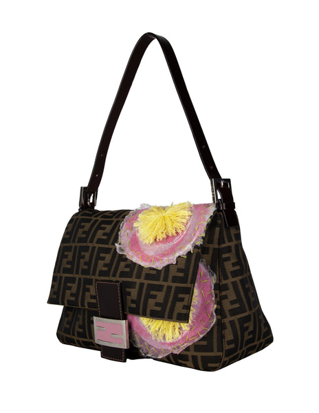 Fendi Vintage Iconic Zucca Monogram Floral Applique Large Mamma Baguette Bag