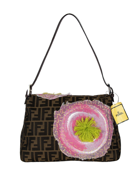 Fendi Vintage Iconic Zucca Monogram Floral Applique Large Mamma Baguette Bag