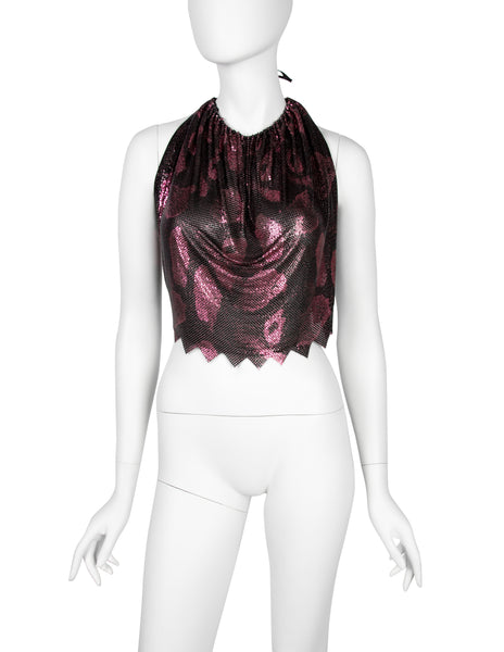 Ferrara Archive Iconic Metallic Pink and Black Snake Print Metal Mesh Halter Top