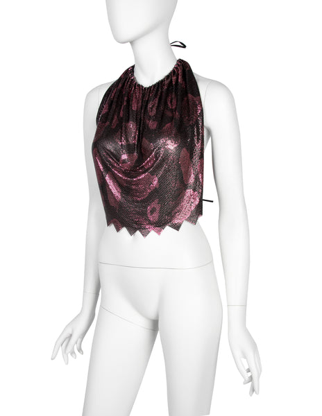 Ferrara Archive Iconic Metallic Pink and Black Snake Print Metal Mesh Halter Top