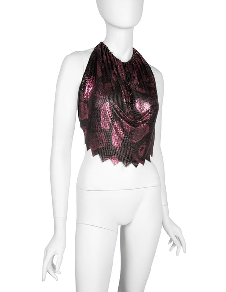 Ferrara Archive Iconic Metallic Pink and Black Snake Print Metal Mesh Halter Top