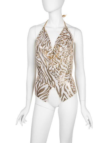 Ferrara Archive Iconic White and Gold Metallic Metal Mesh Halter Top