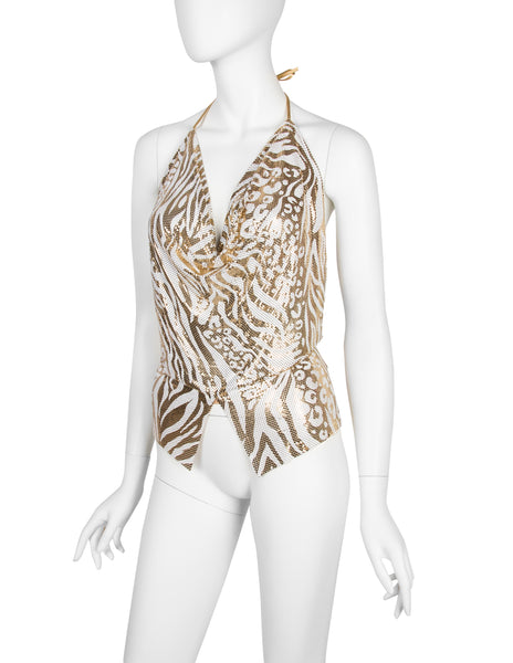 Ferrara Archive Iconic White and Gold Metallic Metal Mesh Halter Top