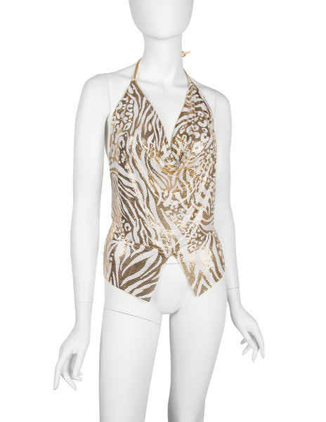 Ferrara Archive Iconic White and Gold Metallic Metal Mesh Halter Top
