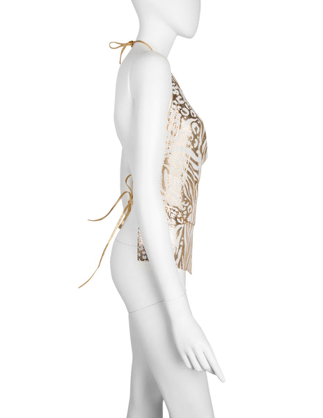 Ferrara Archive Iconic White and Gold Metallic Metal Mesh Halter Top