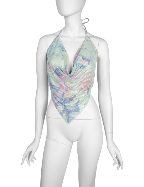 Ferrara Archive Iconic Tropical Print Pastel Metal Mesh Pointed Halter Top