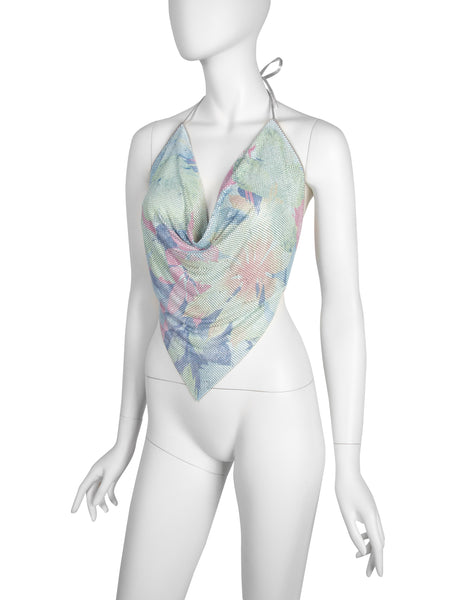 Ferrara Archive Iconic Tropical Print Pastel Metal Mesh Pointed Halter Top