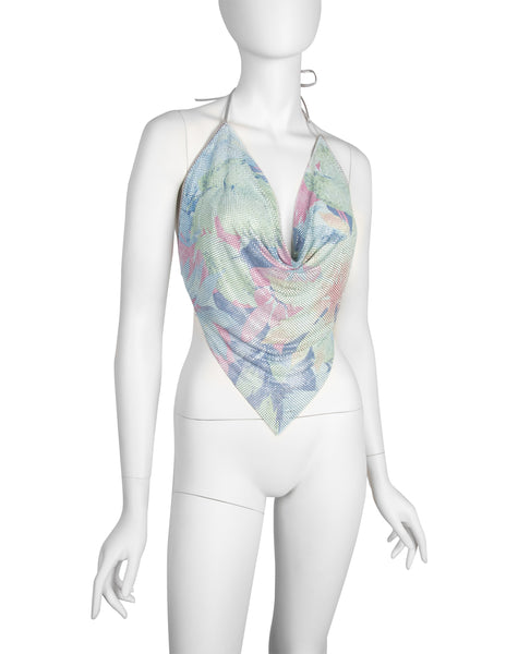 Ferrara Archive Iconic Tropical Print Pastel Metal Mesh Pointed Halter Top