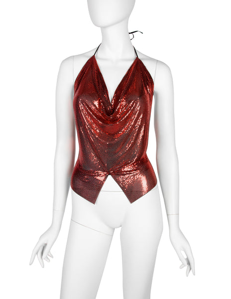 Ferrara Archive Iconic Ruby Red Metallic Metal Mesh Halter Top
