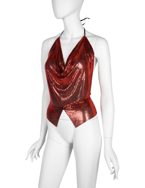 Ferrara Archive Iconic Ruby Red Metallic Metal Mesh Halter Top
