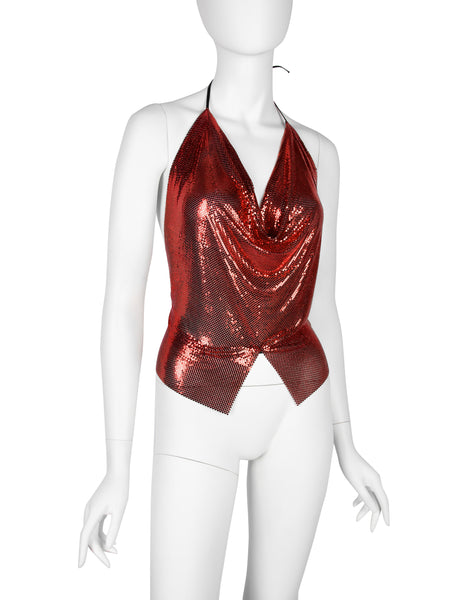 Ferrara Archive Iconic Ruby Red Metallic Metal Mesh Halter Top