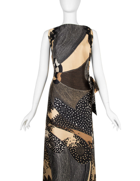 Galitzine Vintage Couture c. 1969-1970 Abstract Optical Print Silk Column Gown