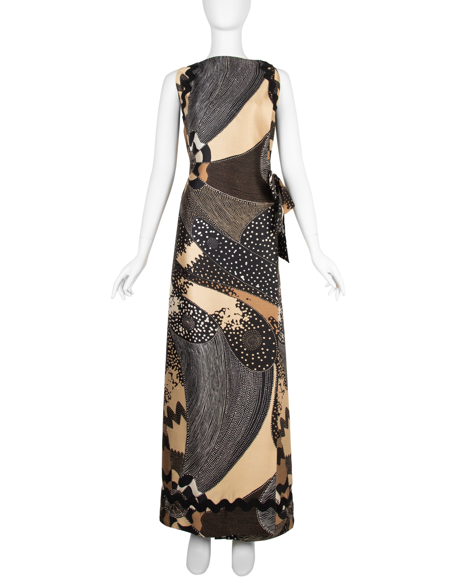 Galitzine Vintage Couture c. 1969-1970 Abstract Optical Print Silk Column Gown