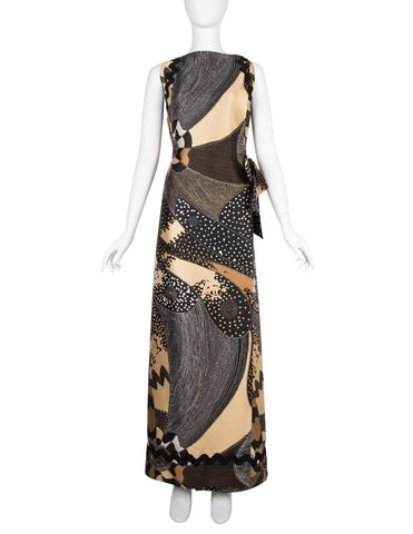 Galitzine Vintage Couture c. 1969-1970 Abstract Optical Print Silk Column Gown