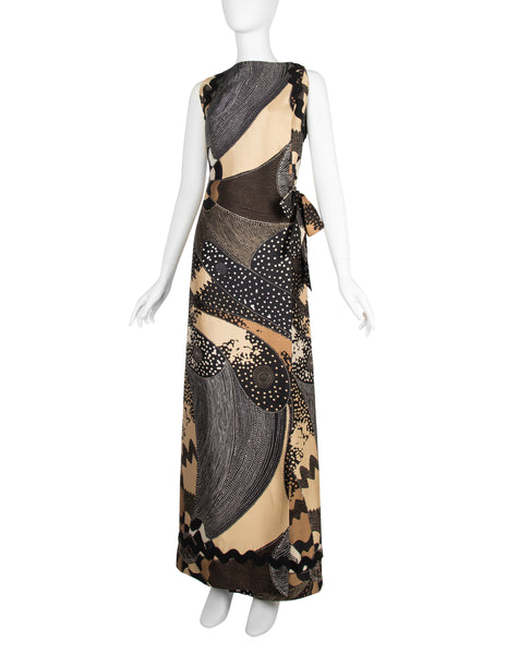 Galitzine Vintage Couture c. 1969-1970 Abstract Optical Print Silk Column Gown