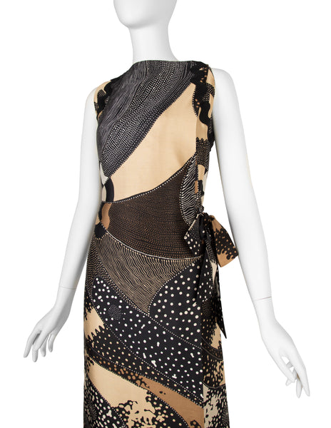 Galitzine Vintage Couture c. 1969-1970 Abstract Optical Print Silk Column Gown