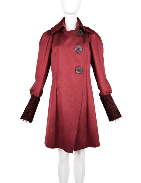 John Galliano Vintage AW 2007 Burgundy Jacquard Persian Lamb Collar Coat