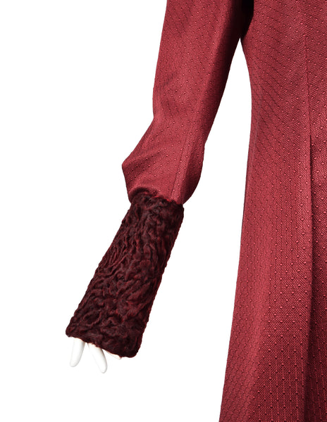 John Galliano Vintage AW 2007 Burgundy Jacquard Persian Lamb Collar Coat