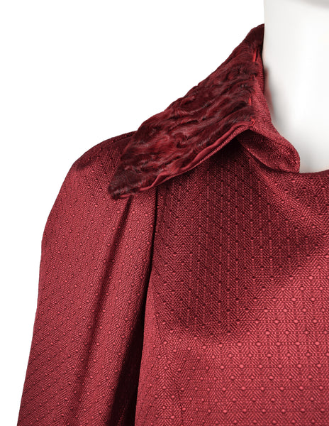 John Galliano Vintage AW 2007 Burgundy Jacquard Persian Lamb Collar Coat