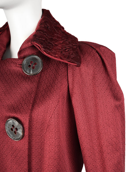John Galliano Vintage AW 2007 Burgundy Jacquard Persian Lamb Collar Coat