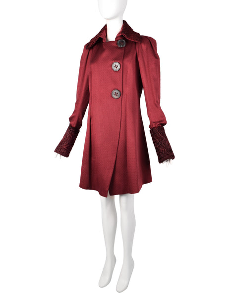 John Galliano Vintage AW 2007 Burgundy Jacquard Persian Lamb Collar Coat