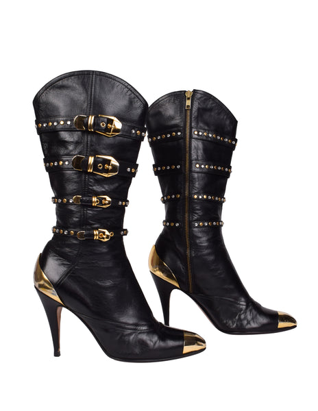 Gianni Versace Vintage AW 1992 Miss S&M Iconic Black Leather Studded Buckle Bondage Boots