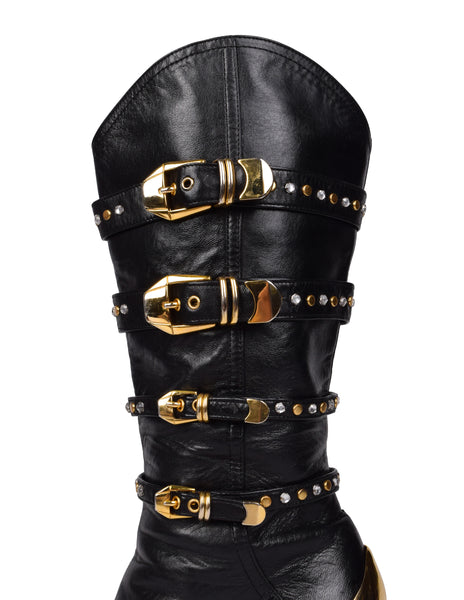 Gianni Versace Vintage AW 1992 Miss S&M Iconic Black Leather Studded Buckle Bondage Boots