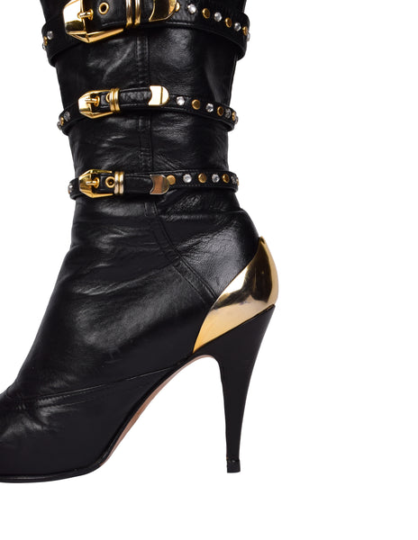 Gianni Versace Vintage AW 1992 Miss S&M Iconic Black Leather Studded Buckle Bondage Boots