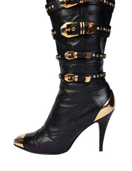 Gianni Versace Vintage AW 1992 Miss S&M Iconic Black Leather Studded Buckle Bondage Boots