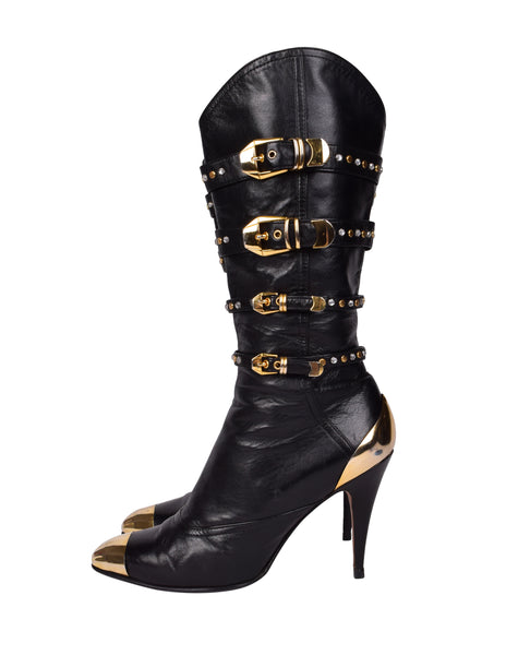 Gianni Versace Vintage AW 1992 Miss S&M Iconic Black Leather Studded Buckle Bondage Boots
