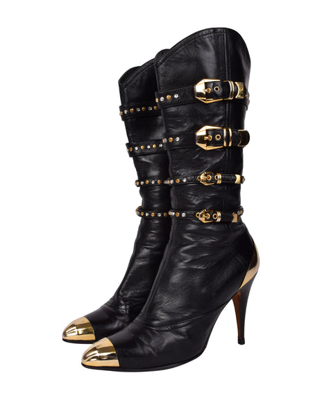 Gianni Versace Vintage AW 1992 Miss S&M Iconic Black Leather Studded Buckle Bondage Boots