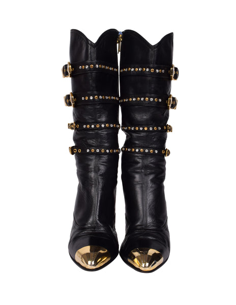 Gianni Versace Vintage AW 1992 Miss S&M Iconic Black Leather Studded Buckle Bondage Boots
